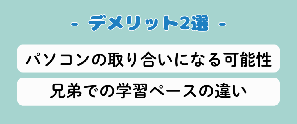 デジタネ兄弟利用のデメリット2選を示すバナー画像(パソコンの取り合いになる可能性/兄弟での学習ペースの違い)