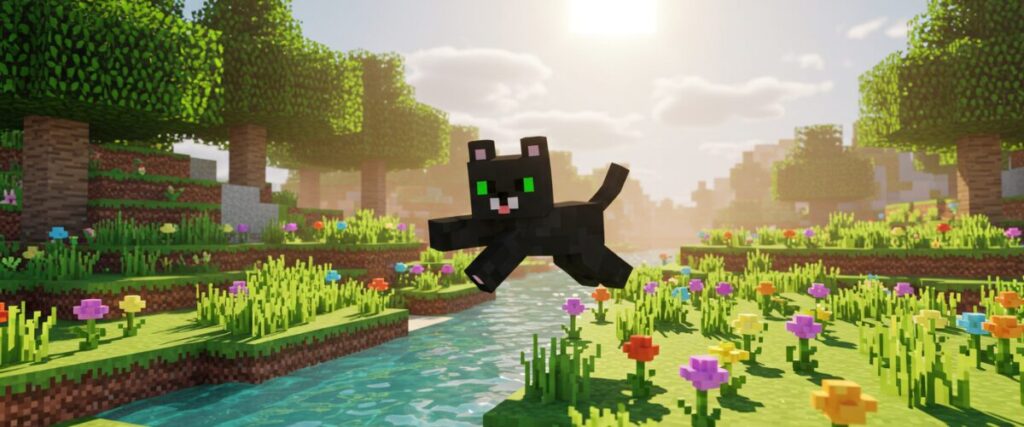マインクラフト風の黒猫が花咲く川辺をジャンプするシーン|自然の中を自由に駆け回る猫のマイクラ風イラスト