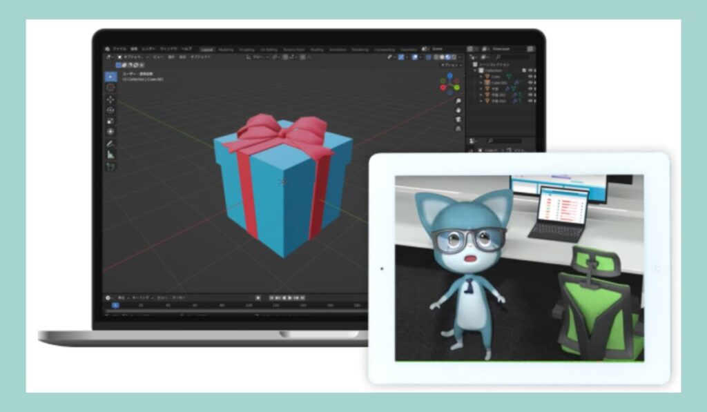 LITALICOワンダーオンラインの3DCGコース学習風景:PCで3Dソフトを使いプレゼント箱をモデリングし、タブレットにはキャラクターアニメ画面が表示