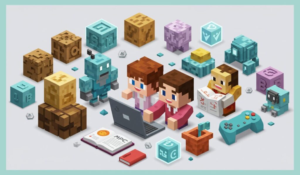 LITALICOワンダーオンラインの教材を紹介するマイクラ風イラスト｜子どもがノートパソコンで学習し、ロボット・3D CG・ゲーム教材など多様な教材に囲まれて楽しそうに学ぶ様子