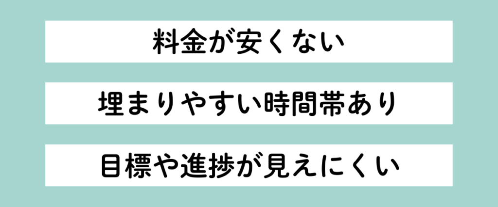 テックマインの残念な口コミを3つ紹介する画像。①料金が安くない、②埋まりやすい時間帯あり、③目標や進捗が見えにくい」と記載された吹き出し風のイラスト。