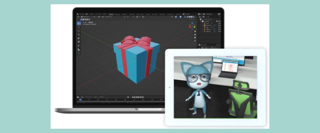 LITALICOワンダーオンラインの3DCGコース学習風景：PCで3Dソフトを使いプレゼント箱をモデリングし、タブレットにはキャラクターアニメ画面が表示
